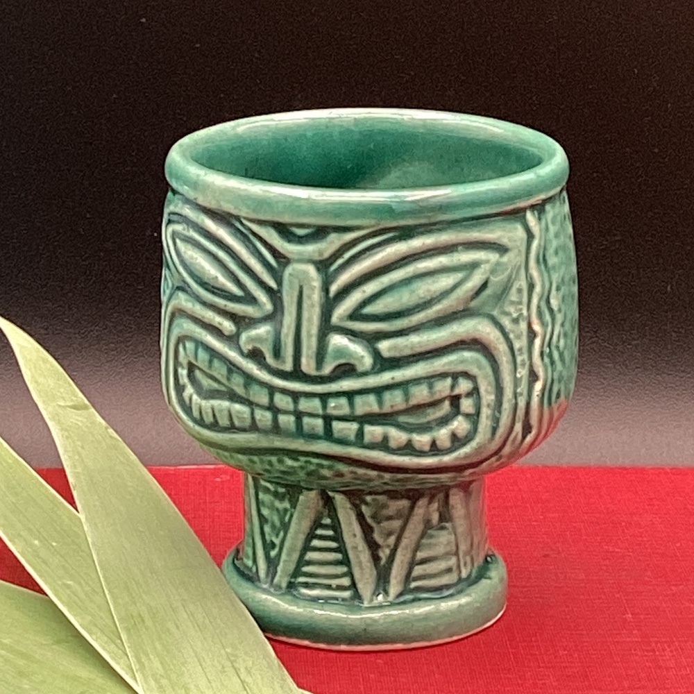 Vtg Tiki Farm Ku Mask Drum Statue Farm Diablo Munk Green Shot Glass